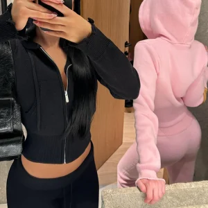 kliou Wild Casual WOmen Autumn 2 Piece Set New Matching Outfits Sporty Hooded Zip-up Crop Tops+Bandage Straight Pants Tracksuits