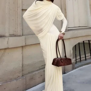 Kliou Ruched Elegant Long Dress Woman Autumn Trend o-Neck Full Sleeve Skinny High Waist Daily Street Casual Simple Style Bodycon