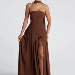 kliou Patchwork Draped Women Dress Classic Solid Wrapped Chest Draped Flare Long Robe Mujer Concise High Street Elegant Frock