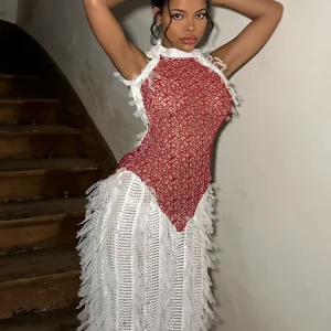 kliou Crochet Panelled Women Long Dress Unique Stunning Pleated Stand Collar Backless Slim Vestidos Mujer Sexy Midnight Clubwear