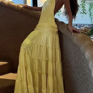 kliou Ruffle Stacked Women Maxi Dresses Halter Solid Slash Neck Backless Pleated Loose Vestidos Female Classic Festival Frock